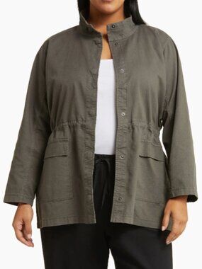 EILEEN FISHER Organic Cotton Hemp Stretch Stand Collar Long Jacket XL $248.00